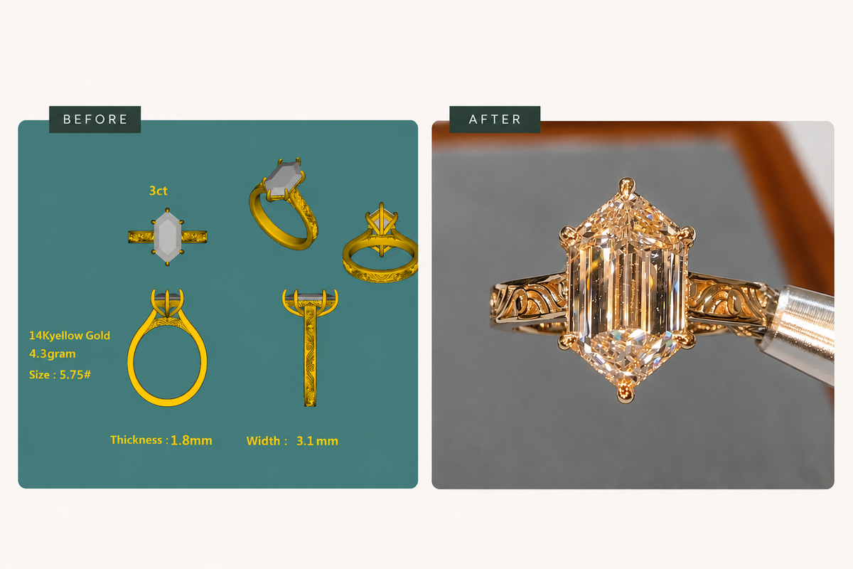CAD rendering next to the finished custom ring