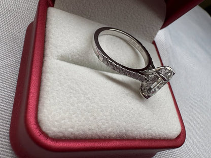 Oval cathedral diamond ring, 2.5ct, 14K white gold, side view