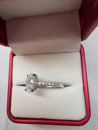 Oval cathedral diamond ring, 2.5ct, 14K white gold, side profile