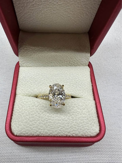 Oval cathedral diamond ring, 3ct, 14K yellow gold