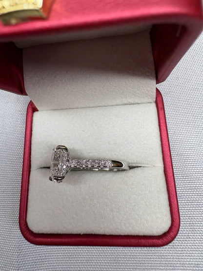 Oval cathedral diamond ring, 3ct, 14K white gold, side view