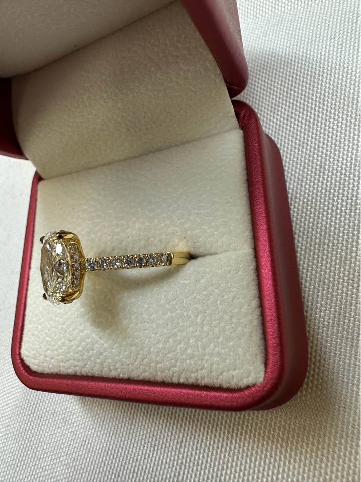 Oval cathedral diamond ring, 3ct, 14K yellow gold, side view