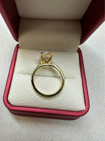 Oval cathedral diamond ring, 3ct, 14K yellow gold, top view