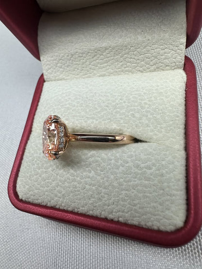 Pink oval diamond ring, 3ct, 14K rose gold — side view
