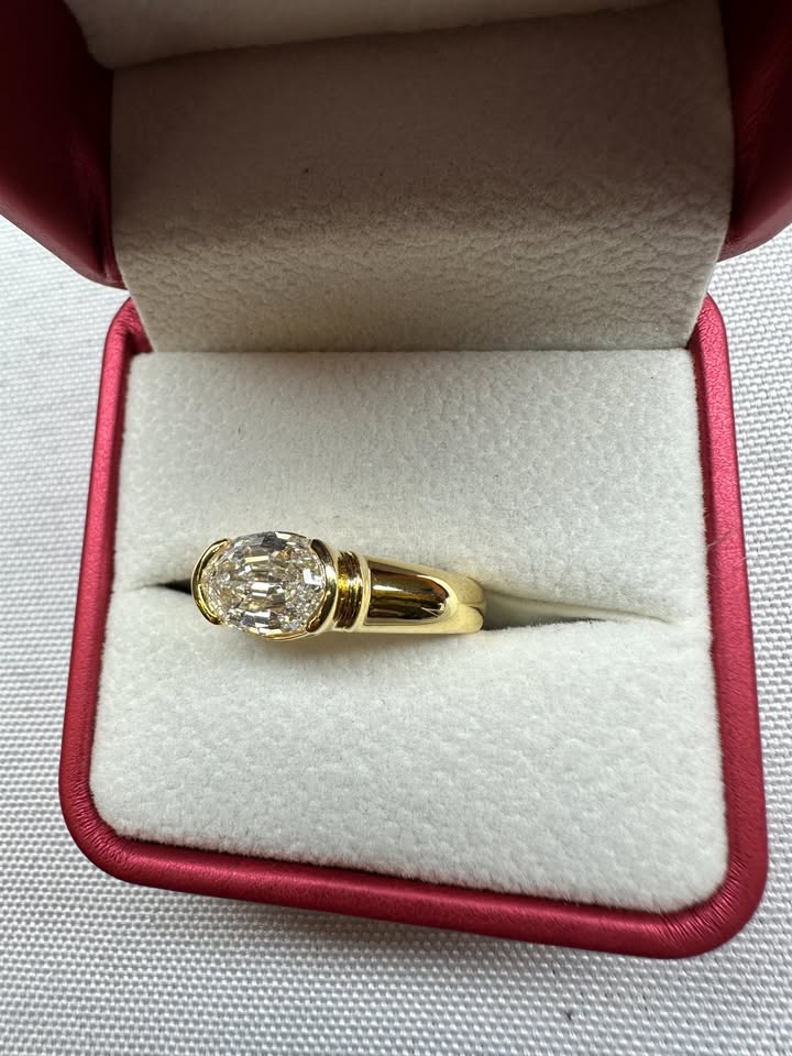 Oval step cut east-west ring, 2.53ct, 14K yellow gold — side view