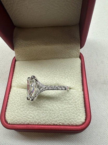 Radiant cut pave band ring, 4ct, 14K white gold — side view