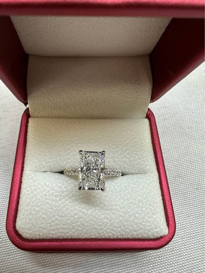 Radiant cut hidden halo pave ring, 3ct, 14K white gold — main view