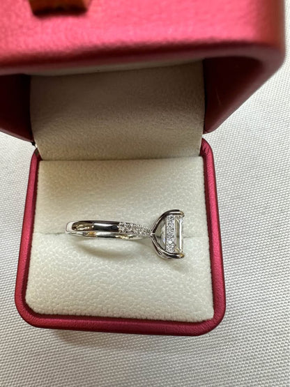 Radiant cut hidden halo pave ring, 3ct, 14K white gold — side view