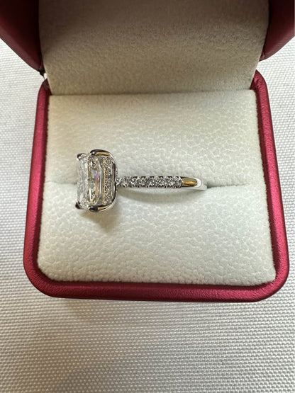 Radiant cut hidden halo pave ring, 3ct, 14K white gold — alternate side view