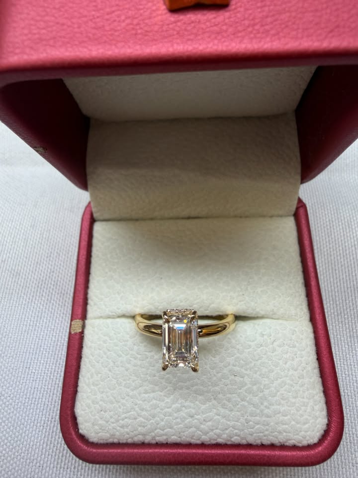 Emerald cut hidden halo ring, 1.59ct, 14K yellow gold