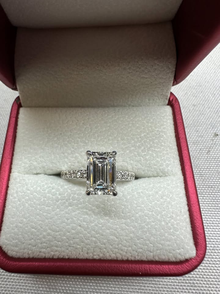 Emerald cut hidden halo pave ring, 2ct, 14K white gold