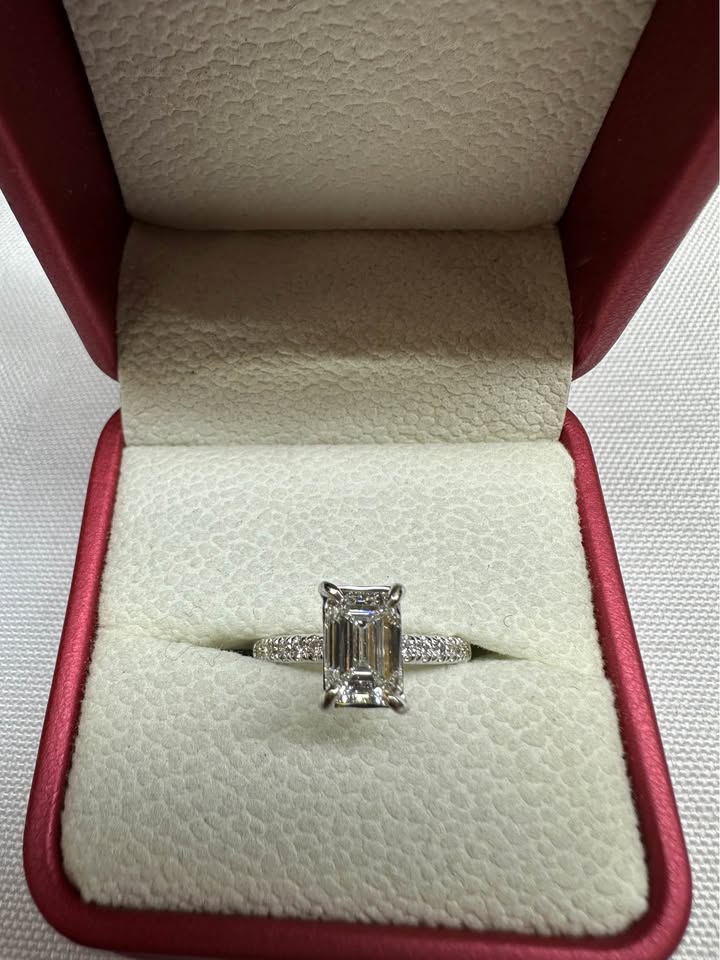 Emerald cut hidden halo pave ring, 1.59ct, 14K white gold