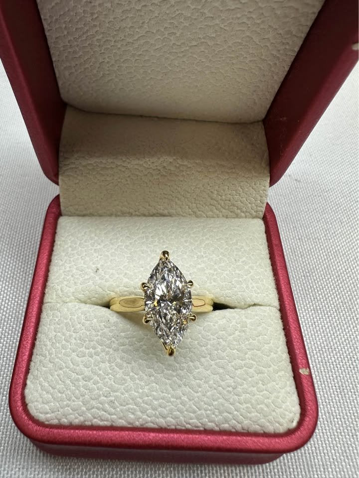 Marquise cathedral lotus prong ring, 3ct, 14K yellow gold